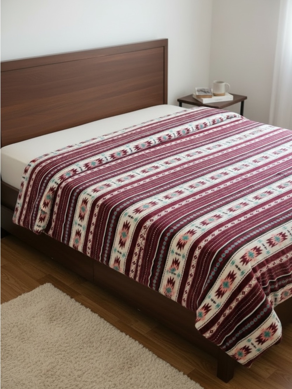 BURGUNDY Queen Southwest tribal Aztec Geometric Plush fleece Blanket